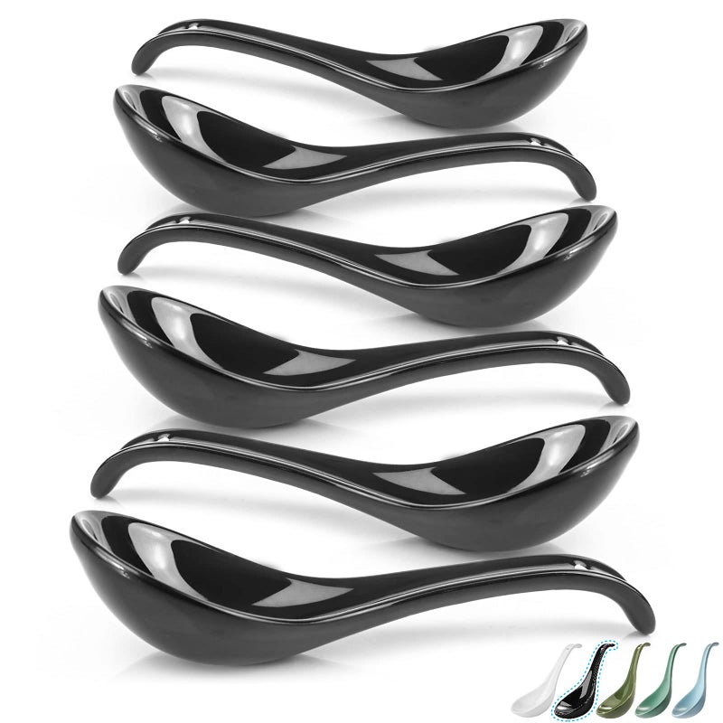 Artena 675inch Asian Soup Spoon Set of 6 Ultrafine Porcelain Japanese Soup Spoon Black Ramen Spoons for Pho Noodles Miso Chinese Soup Spoons for Dumpling Wonton Cereal Deep Oval Hook Design