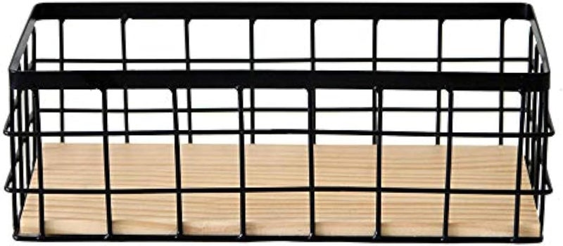 Metal Wire Bathroom Storage Organizer Basket Bin, Rustic Vintage Wire Grid Wooden Base Organizing Basket for Kitchen, Cabinets, Shelves, Pantry, Closets, Vanity Countertops, Bedrooms, Under sinks
