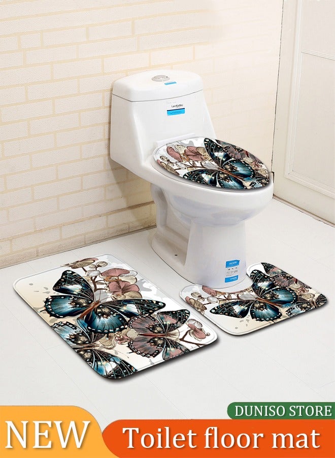 3 PCS Bathroom Rugs Set，Inclouded Butterfly Flower Bath Rugs Toilet Lid Cover and U-Shaped Contour Rug,Absorbent Microfiber Bathroom Carpet Rug,Bathroom Decor - Image 1