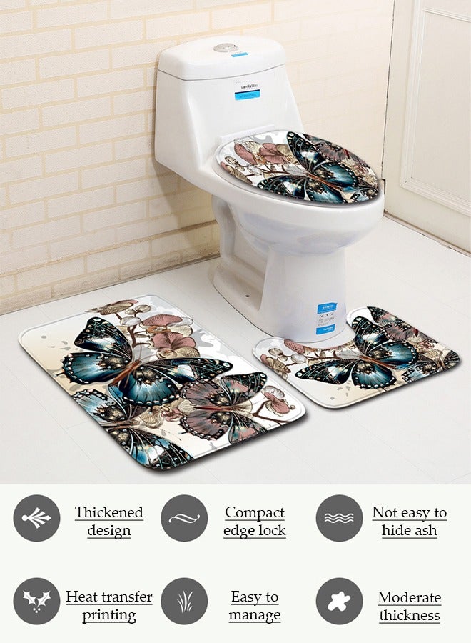 3 PCS Bathroom Rugs Set，Inclouded Butterfly Flower Bath Rugs Toilet Lid Cover and U-Shaped Contour Rug,Absorbent Microfiber Bathroom Carpet Rug,Bathroom Decor - Image 4