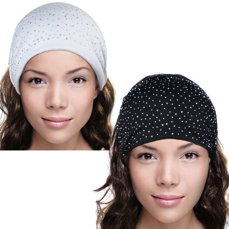 Dahlia Sparkling Rhinestone and Dots Wide Elastic Headband - Black & White (2 Pcs)