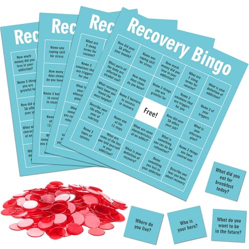 Simgoing Recovery Bingo Game with 24 Cards and 600 Cross Chips Questions Recovery Bingo for Adults Addiction Group Family Vacation Holiday Party Favors - Image 1