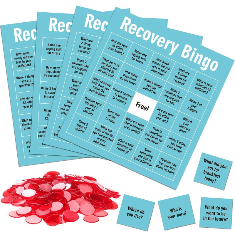 Simgoing Recovery Bingo Game with 24 Cards and 600 Cross Chips Questions Recovery Bingo for Adults Addiction Group Family Vacation Holiday Party Favors - Image 3