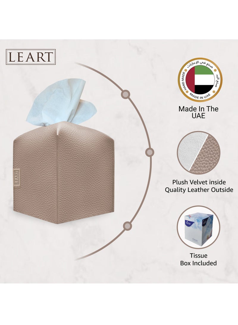 LeArt Leather Tissue Box Cover – Elegant Tissue Box Holder for Office Car Hotel Home Decor | Living Room Bedroom Bathroom | Facial Tissue Holder, Car Tissue Box Holder (Sand Cube) - Image 2