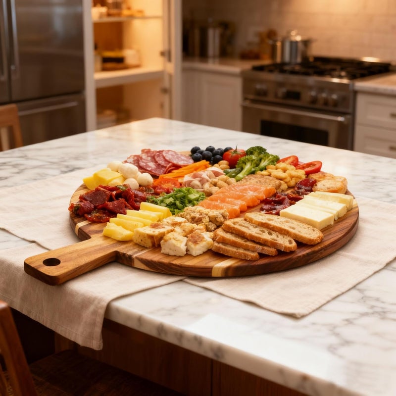 Zeqi 2 Pack Large Acacia Wood Cutting Board with Handle 17''X13'', Charcuterie Board, Serving Board, Chopping Board for Meat, Cheese, Bread, Vegetables & Fruits (Round & Square) - Image 2