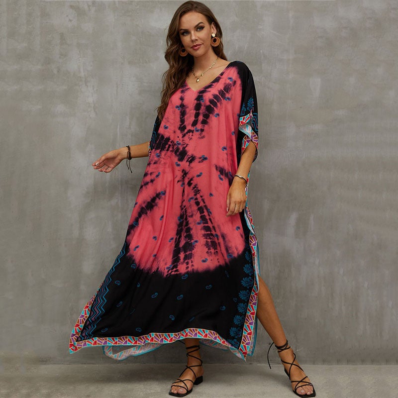 Generic 2022 Boho Cotton Print Beach Cover-Up V-Neck Maxi DN0920-13 deep pink circle small cashew nuts