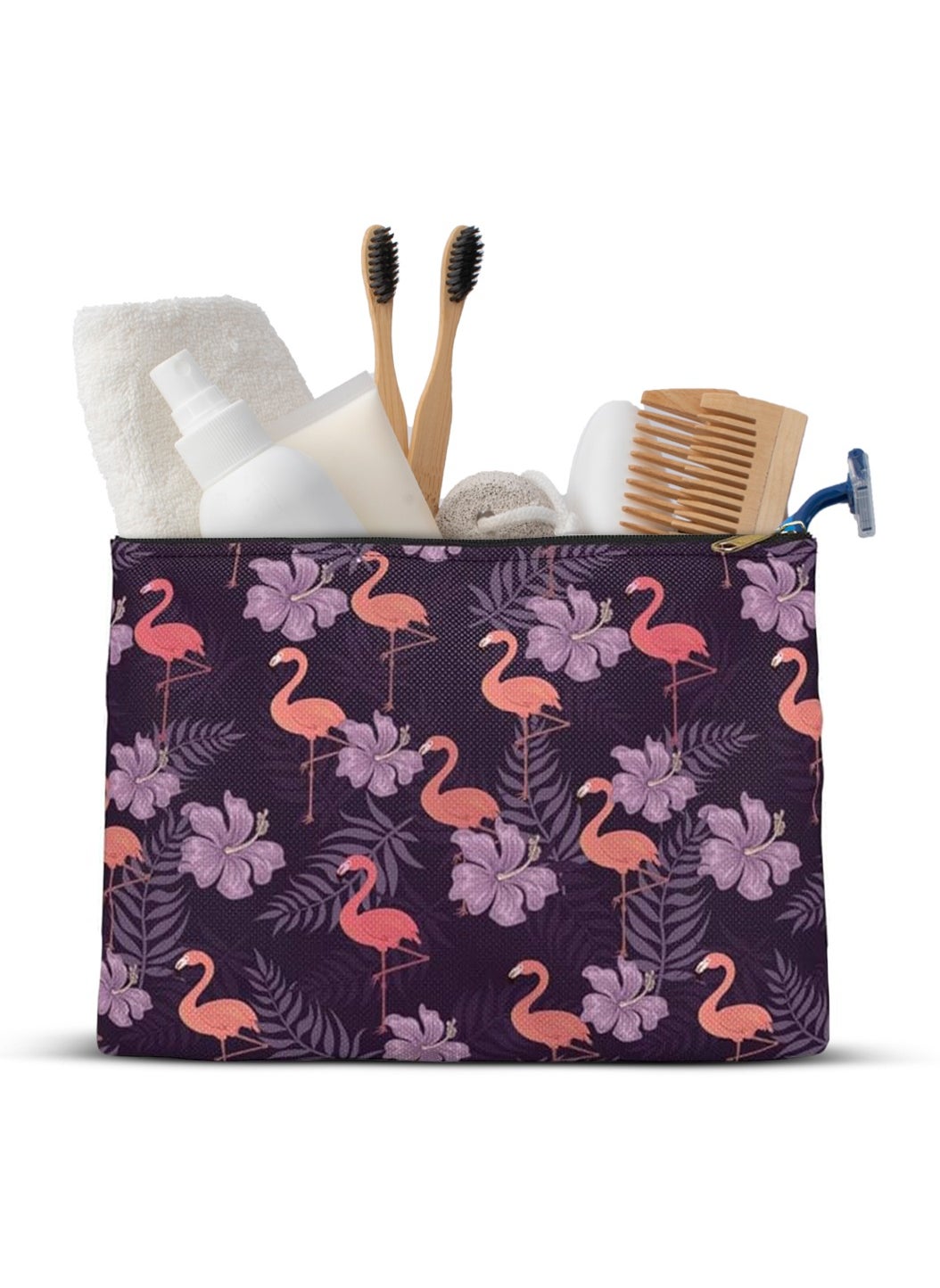 BRANDSFINITY-Tediline Regular Pouch Cosmetic Bag For Women Cute Printed Travel Pouch Large Capacity Toiletry Bag With Zipper For Travel Luggage Pouch & Bathroom, Flamingo Flower Design 