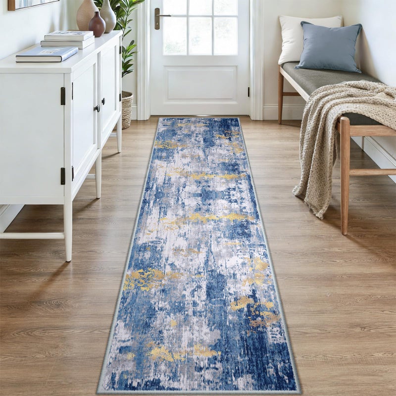 RELEANY Washable Area Rugs 2x9 Non-Slip Modern Abstract Soft for Living Room Entryway Bedroom Nursery  Print Pattern  Grey Blue Gold/Golden - Image 2
