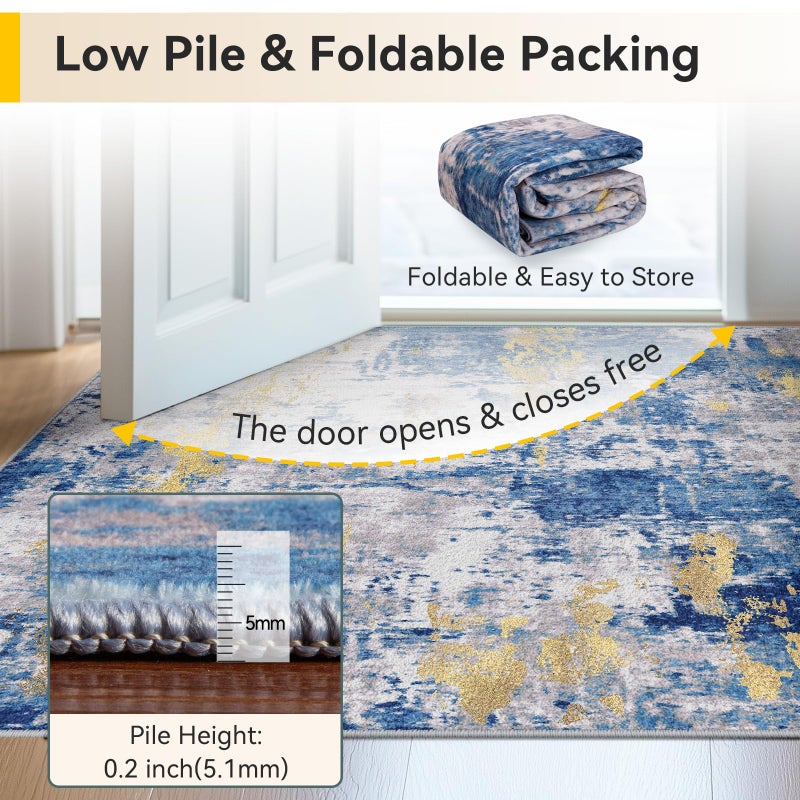 RELEANY Washable Area Rugs 2x9 Non-Slip Modern Abstract Soft for Living Room Entryway Bedroom Nursery  Print Pattern  Grey Blue Gold/Golden - Image 4
