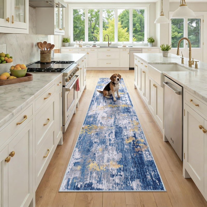 RELEANY Washable Area Rugs 2x9 Non-Slip Modern Abstract Soft for Living Room Entryway Bedroom Nursery  Print Pattern  Grey Blue Gold/Golden - Image 1
