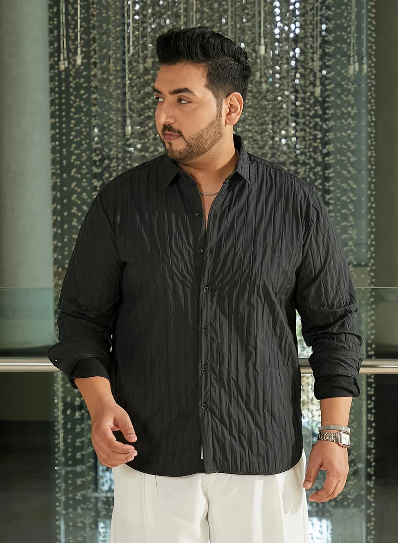Instafab Plus Instafab Plus Men's Onyx Black Quilt-Tactile Shirt For Casual Wear | Spread Collar | Long Cuffed Sleeves | Button Closure | Plus Size Shirt Crafted With Comfort Fit For Everyday Wear