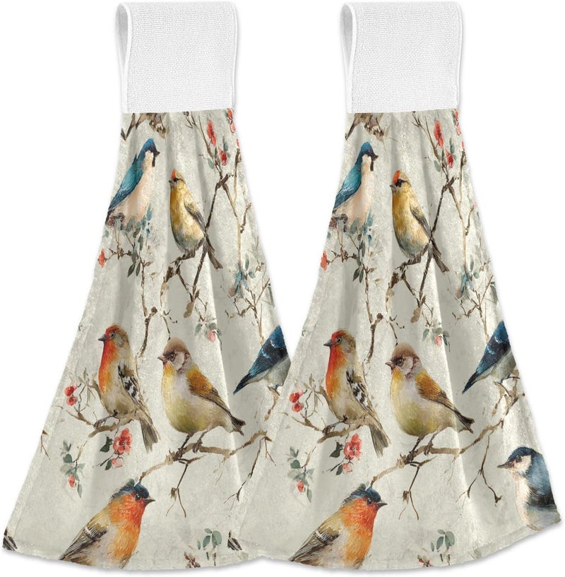 Dussdil Retro Cardinal Floral Tree Kitchen Hanging Towel 12 x 17 Inch Birds Branches Hand Tie Towels Set 2 Pcs Tea Bar Dish Cloths Dry Towel Soft Absorbent Durable for Bathroom Laundry Room Decor - Image 1