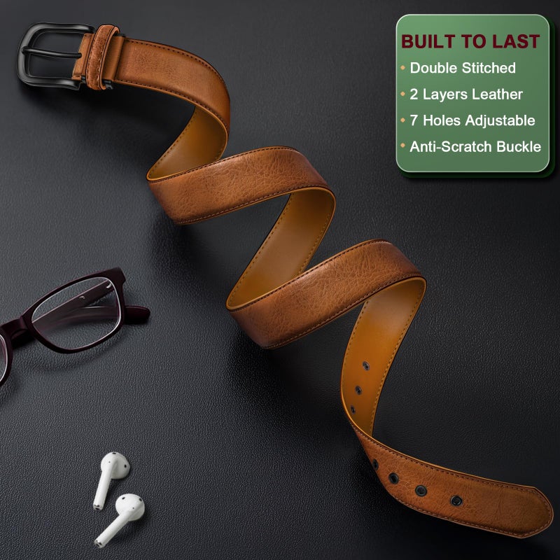 KEMISANT Men Leather Belt 7Holes Adjustable for Jean Casual Dress Golf 1 1/2"-Metal Hole Design-Cut For Fit(orange brown,34"-36" Waist Adjustable) - Image 2