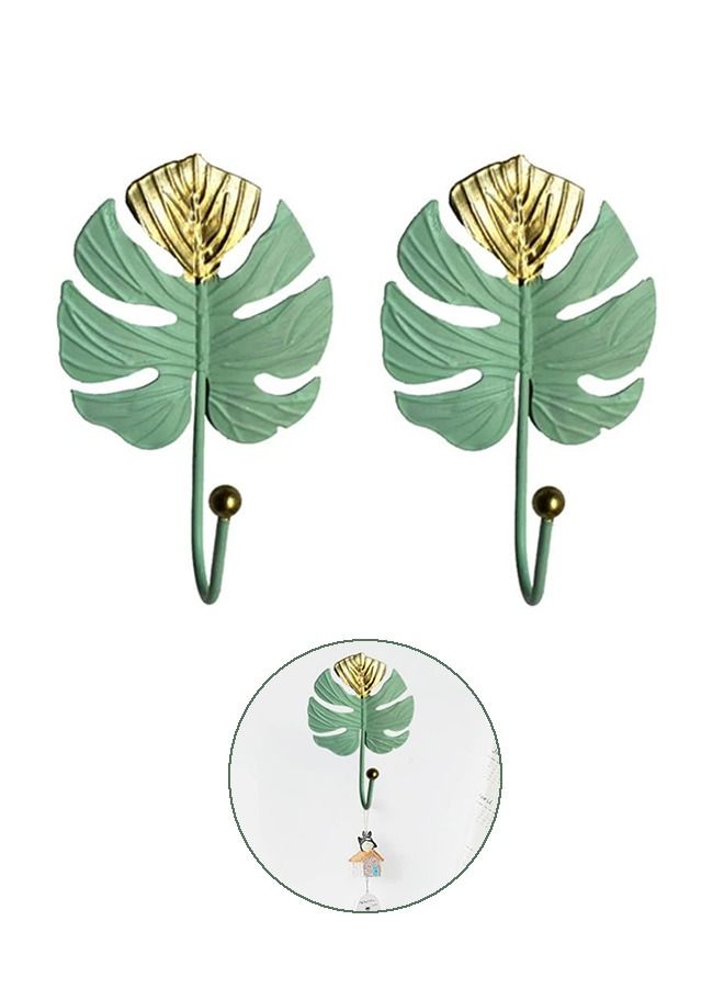 2PCS Vintage Golden Leaf Iron Art Wall Hook, Corrosion Resistant Thickened Multifunctional Storage Decorative Hooks, Hanging Key Hat Scarf Purse Towel Holder (Golden+Green)  - Image 1