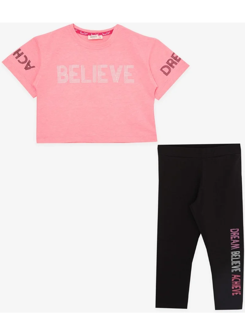 بريز Girl's Capri Tights Crop Suit with Text Printing, Age 8-12, Neon Pink