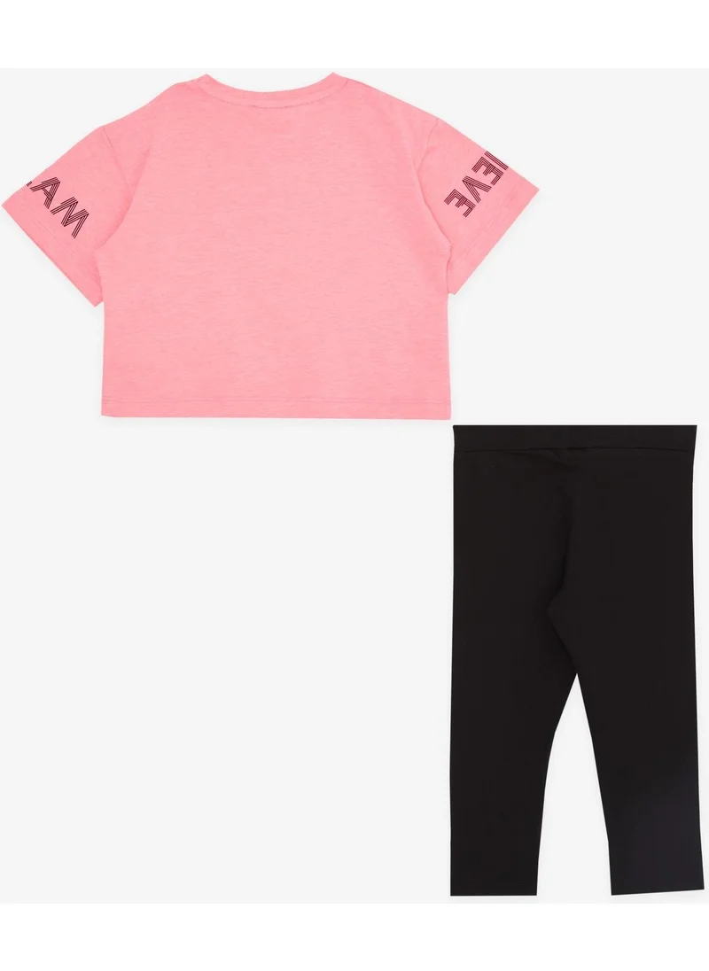 بريز Girl's Capri Tights Crop Suit with Text Printing, Age 8-12, Neon Pink