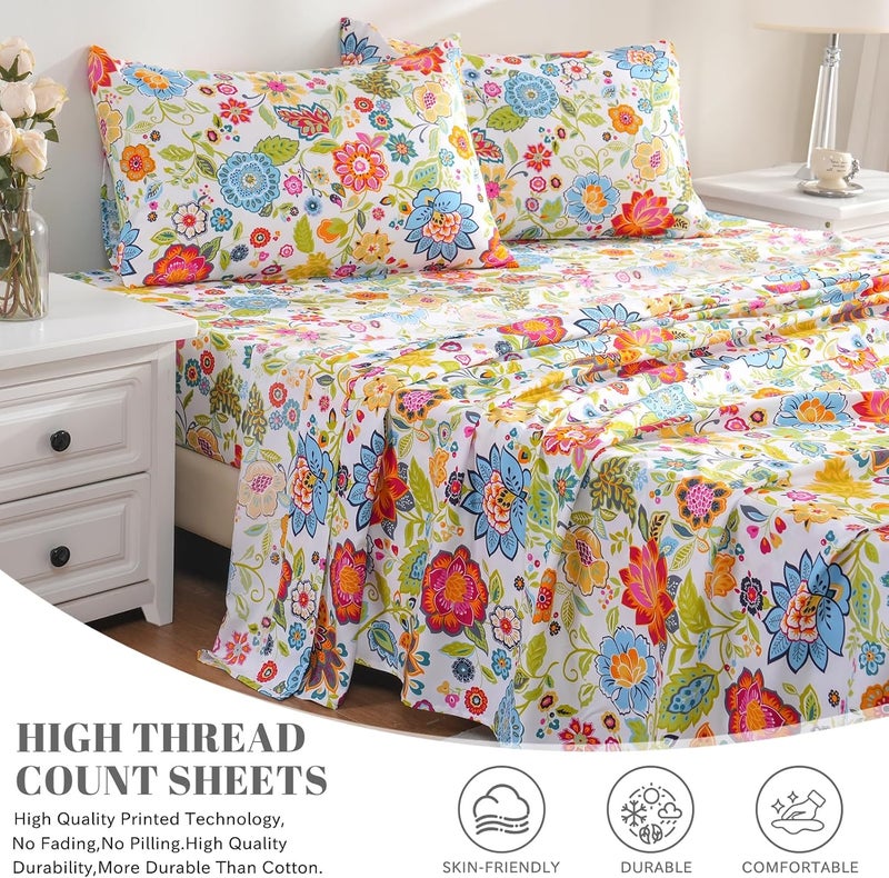 Bedlifes Full Sheet Set Ultra Soft Breathable Silky Floral Deep Pockets 100% Microfiber 4 Piece Full Size with Floral Spring Design - Image 3