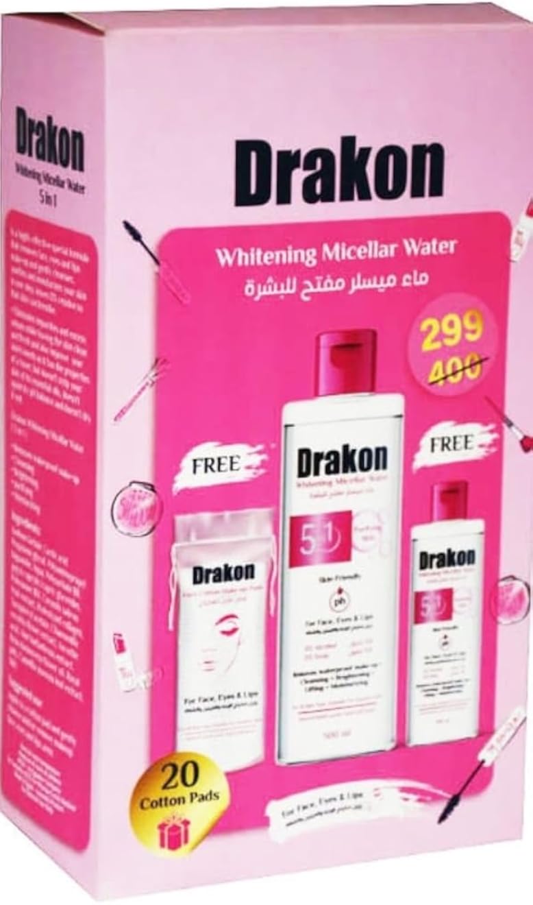 ماء ميسيلار دراكون + ماء ميسيلار دراكون + 20 قطعة قطنية (مزيل مكياج) - عرض ترويجي مميز للوجه والعينين والشفاه، مناسب للاستخدام اليومي وإزالة المكياج المقاوم للماء، خالٍ من الكحول والصابون - 500 مل + 100 مل