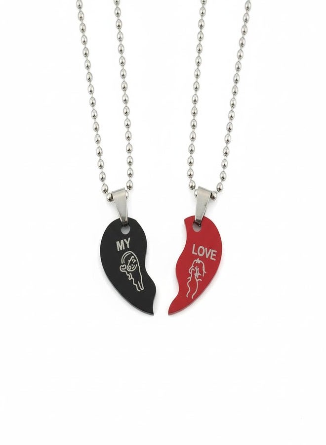 The Men Gift Red & Black Stainless Steel Two-Piece Joining Heart Couple Pendant Necklace Set with Chains BLSCup202503 - Image 1