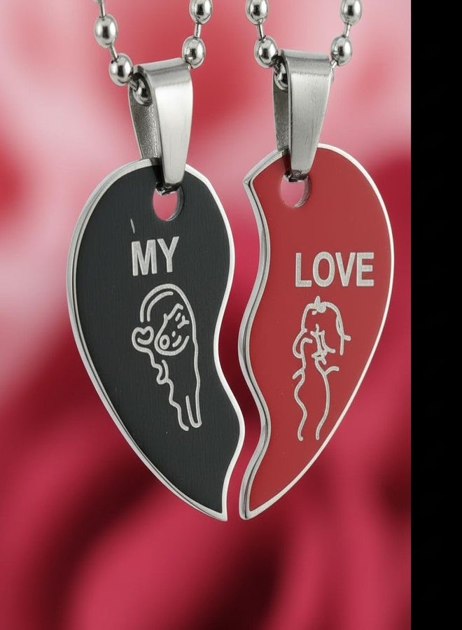 The Men Gift Red & Black Stainless Steel Two-Piece Joining Heart Couple Pendant Necklace Set with Chains BLSCup202503 - Image 3