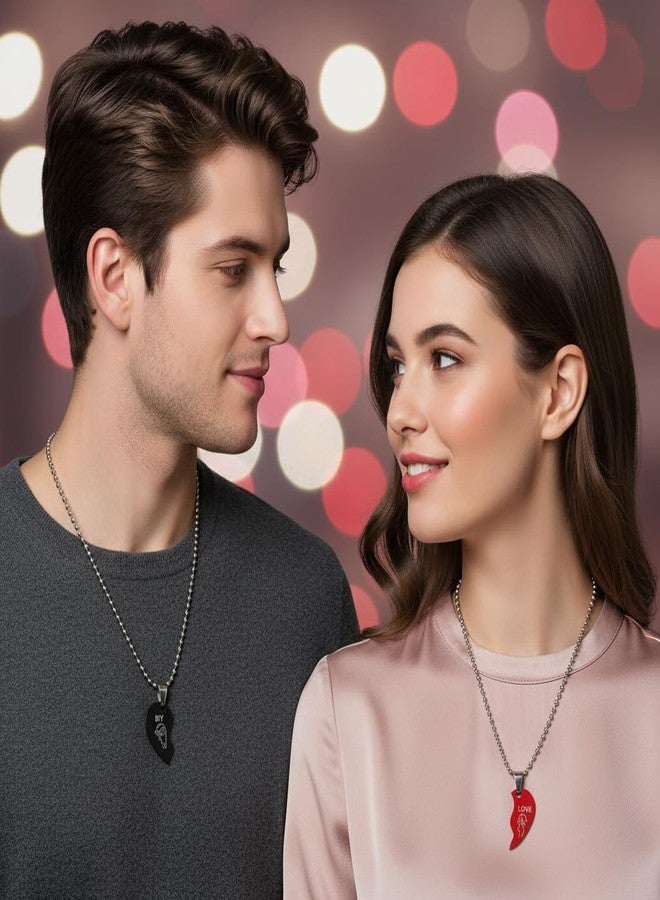 The Men Gift Red & Black Stainless Steel Two-Piece Joining Heart Couple Pendant Necklace Set with Chains BLSCup202503 - Image 5