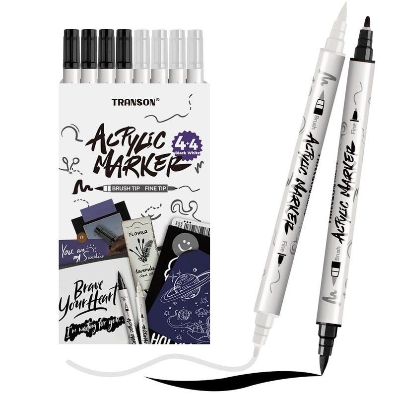 TRANSON 4 Black and 4 White Paint Markers Brush and Fine Dualtip Acrylic Paint Marker Set for Rock Painting Glass Canvas Wood Leather Ceramic Painting