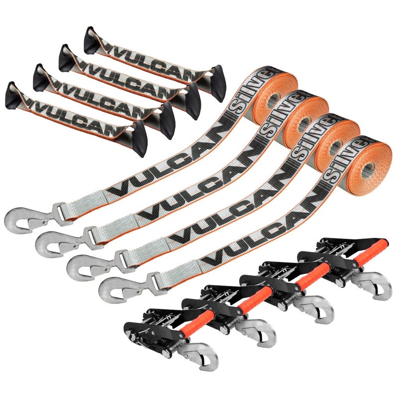 VULCAN 8Point Roll Back Vehicle Tie Down Kit with Snap Hooks on Both Ends  Set of 4  Silver Series