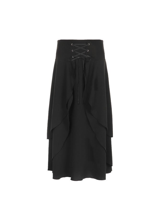 Ins High Street Fashion High Waist Metal Hole Lace-up Lotus Leaf Skirt Hot Girl Slimming Irregular Loose Long Skirt Fashion 
