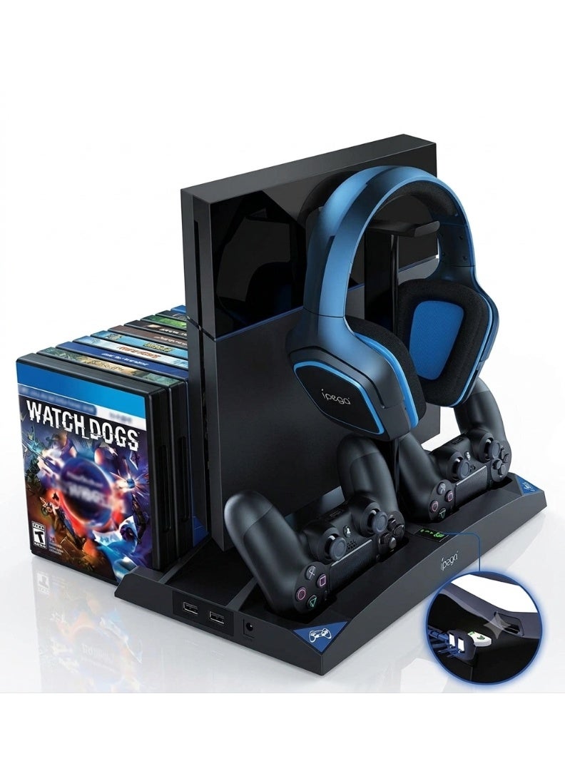 Ipega 6-in-1 Vertical Stand for PS4 / PS4 Slim / PS4 Pro | Dual Controller Charging Dock, Cooling Fan, Headset Holder & 16 Game Storage Organizer | Black - Image 1