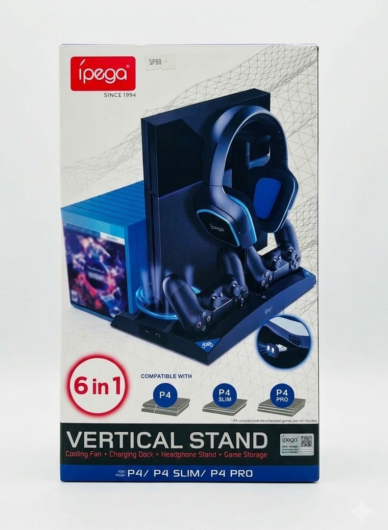 Ipega 6-in-1 Vertical Stand for PS4 / PS4 Slim / PS4 Pro | Dual Controller Charging Dock, Cooling Fan, Headset Holder & 16 Game Storage Organizer | Black - Image 2