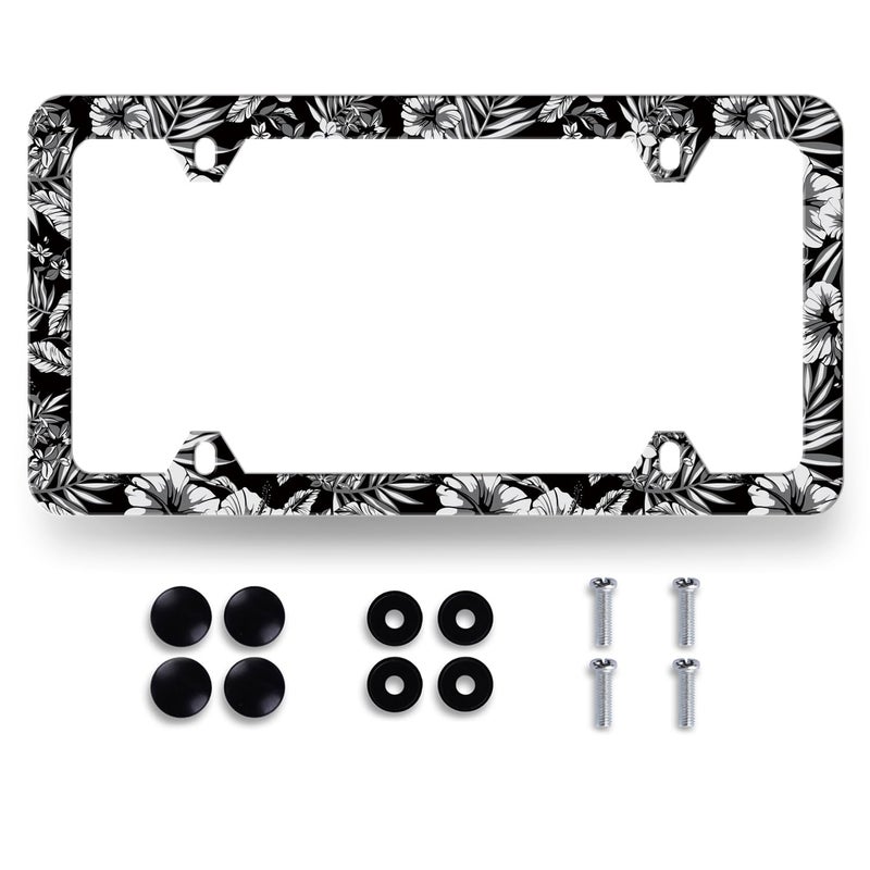 MUAWUOIK Retro Hibiscus License Plate Frame Beautiful Tropical Palm Leaves Flowers Floral License Plate Holder Stainless Steel Auto Parts Funny License Plate Decoration with Screw 123x63 - Image 3