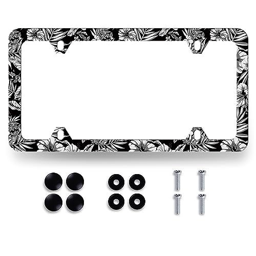MUAWUOIK Retro Hibiscus License Plate Frame Beautiful Tropical Palm Leaves Flowers Floral License Plate Holder Stainless Steel Auto Parts Funny License Plate Decoration with Screw 123x63 - Image 1