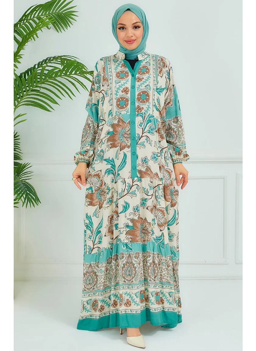 Sefa Merve Balloon Sleeve Floral Dress 4092-03 Green