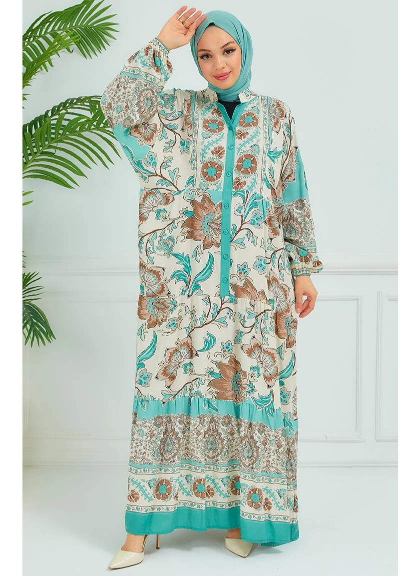 Sefa Merve Balloon Sleeve Floral Dress 4092-03 Green