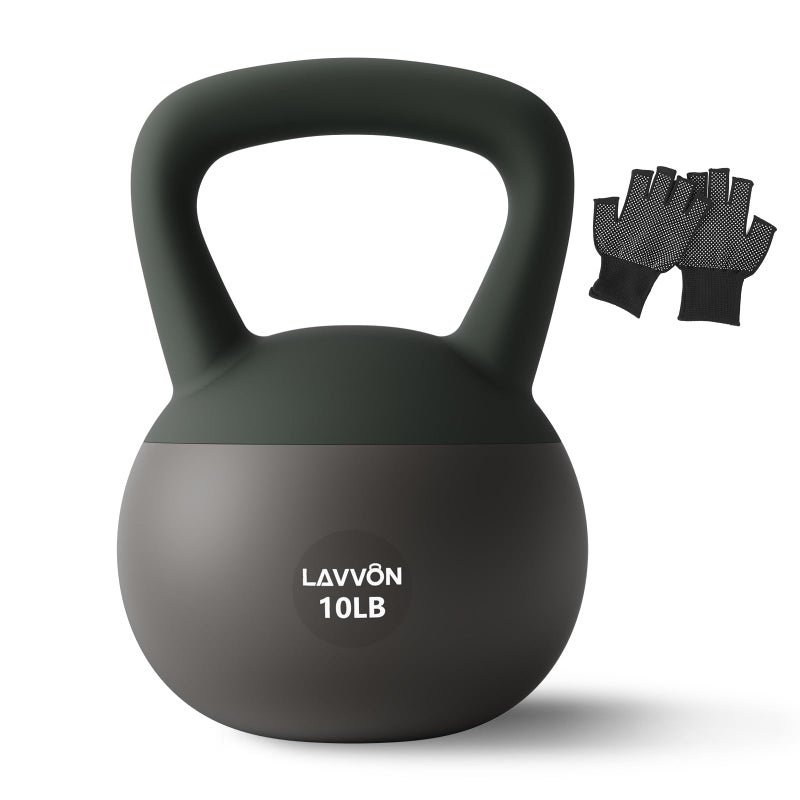 Soft Kettlebell - Cushioned Impact-Resistant Base and Anti-Slip, Kettle bell Anti-Slip Grip Weight for Home Workouts, Safe Strength Training Kettlebells Sets for Women & Men, With Non-slip Gloves (Black-Green, 10 LB)