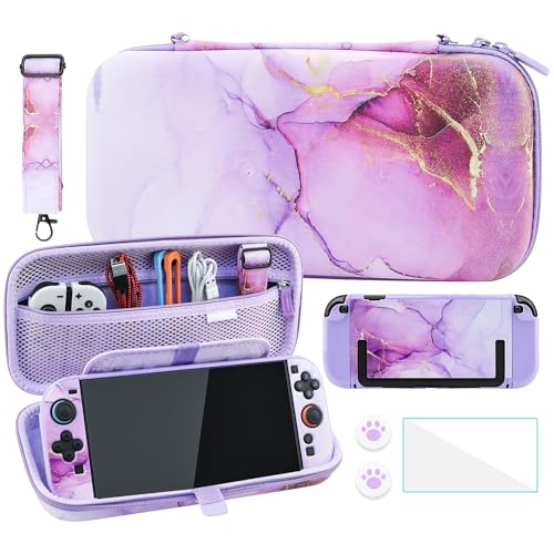 FANPL Cute Case Bundle for Nintendo Switch 2 Accessories Travel Carrying Cover for Switch 2 with Hard Glitter Skin Adjustable Strap Screen Protector Thumb Grip Caps Purple Marble - Image 1