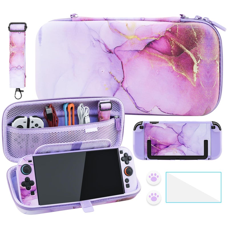 FANPL Cute Case Bundle for Nintendo Switch 2 Accessories Travel Carrying Cover for Switch 2 with Hard Glitter Skin Adjustable Strap Screen Protector Thumb Grip Caps Purple Marble - Image 2