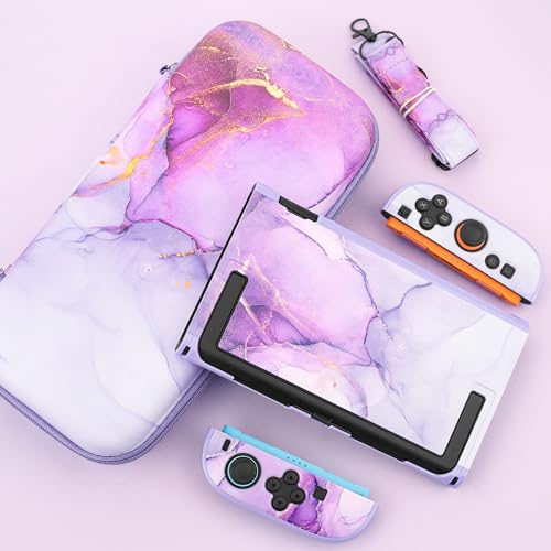 FANPL Cute Case Bundle for Nintendo Switch 2 Accessories Travel Carrying Cover for Switch 2 with Hard Glitter Skin Adjustable Strap Screen Protector Thumb Grip Caps Purple Marble - Image 3