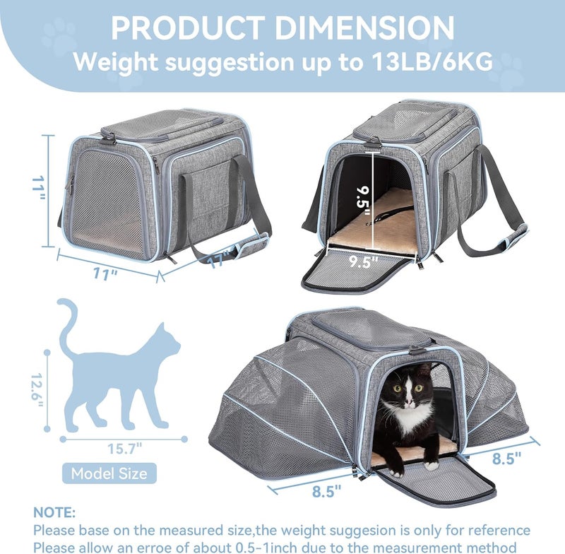 Petsfit Expandable Large Cat Carrier Small Dog Carriers Airline Approved, 17" Lx 11" Wx 11" H Soft-Sided Portable Washable Pet Travel Carrier with 2 Extension for Kittens, Puppies, Rabbits - Image 4