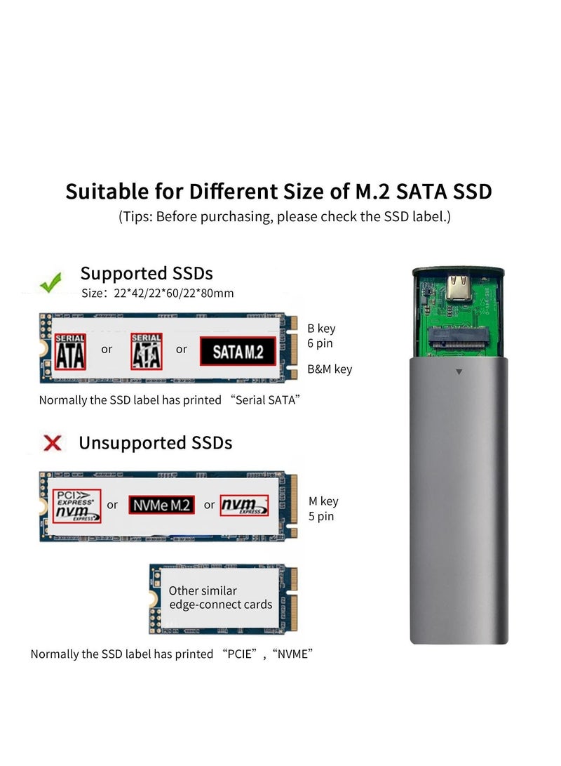 Aluminum Tool-Free M.2 SATA SSD Enclosure Reader USB 3.2 Gen 2(6Gbps) Type-C External SSD Adapter Support UASP Trim for M2 SATA NGFF 2242/2260/2280 SSD with B Key/B+M Key(for M.2 SATA SSD only) - Image 4