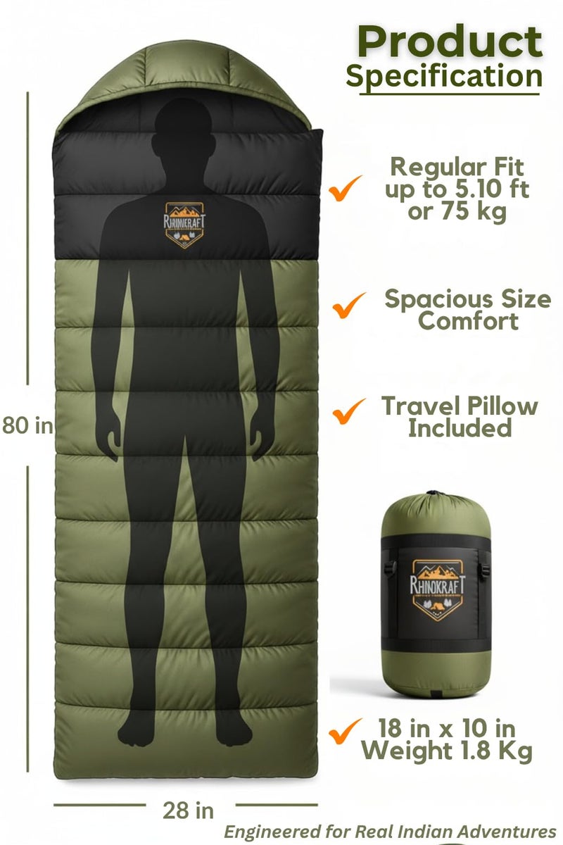 RhinoKraft Ultra-Light Zero Degree Envelope Sleeping Bag for Adults for Mild to Harsh Winter, Portable with Compression Sack for Camping, Trekking, Hiking and Outdoor Activities - Image 3