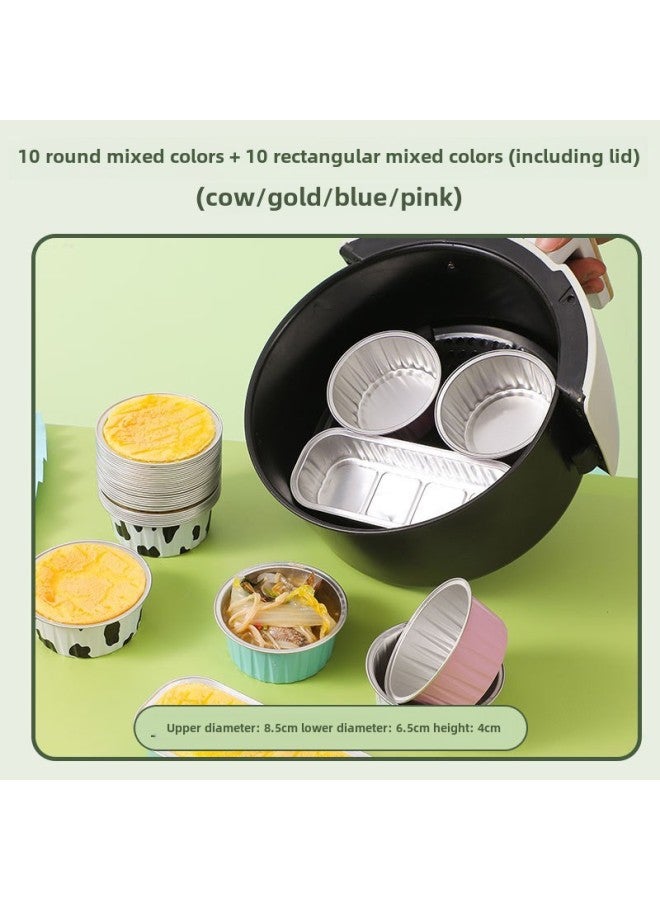 Food Grade Thickened Tin Paper Box Pudding Cup Disposable Commercial High Temperature Resistant Air Fryer Special Aluminum Foil Cup Wholesale-Specifications:Round Pudding Cups, 10 Pieces In Mixed Colors + Rectangular Pudding Cups, 10 Pieces In Mixed Colors, Including Lids - Image 1
