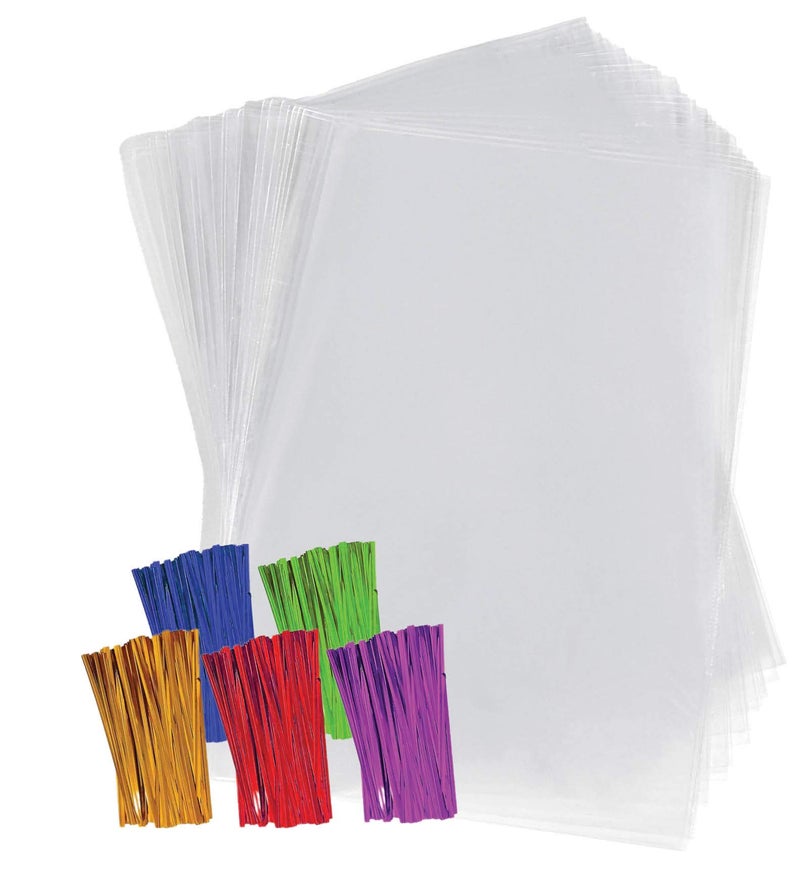 Purple Q Crafts Purple Q Crafts Clear Plastic Cellophane Bags with 4 Colored Twist Ties for Gifts Party Favors 9x12 50 Pack