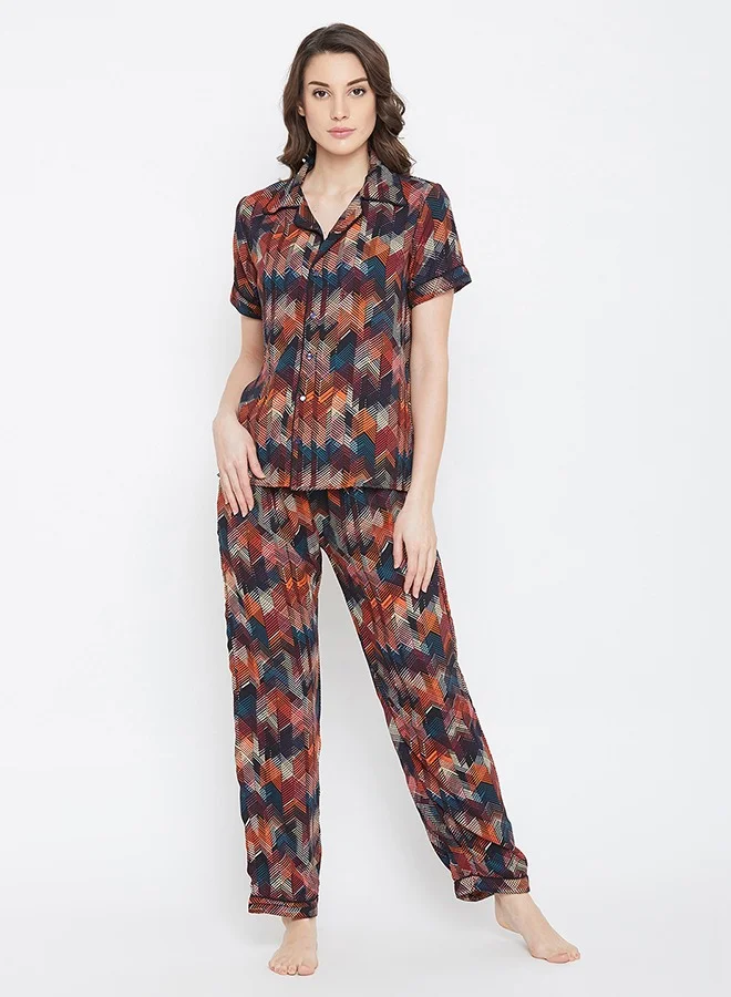 Clovia Clovia Button Down Shirt & Pyjama Set in Multicolour- Crepe