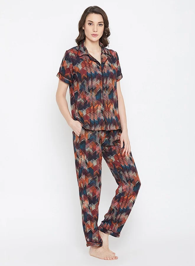 كلوفيا Clovia Button Down Shirt & Pyjama Set in Multicolour- Crepe