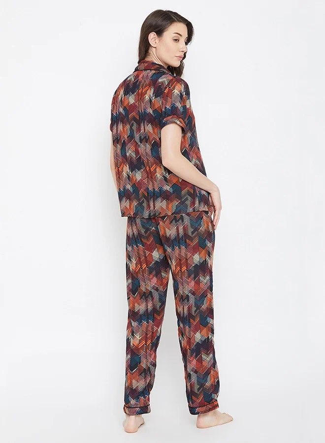 كلوفيا Clovia Button Down Shirt & Pyjama Set in Multicolour- Crepe