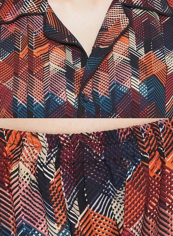 كلوفيا Clovia Button Down Shirt & Pyjama Set in Multicolour- Crepe