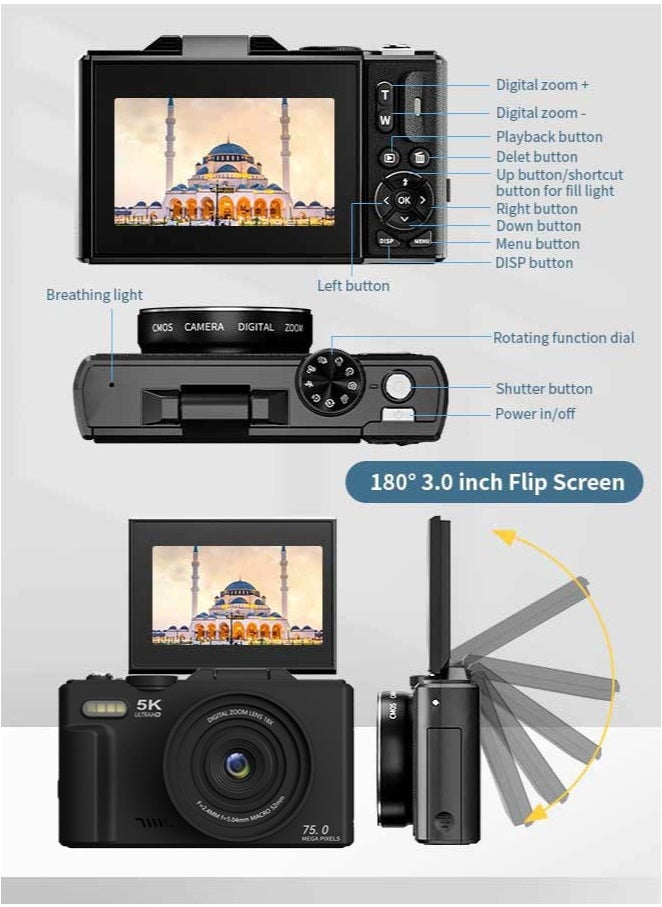Generic - Digital Camera, 5K Vlogging Camera, Kids Camera 75MP Point and Shoot Digital Cameras with 64GB TF Card, 18X Zoom, 2 Batteries For Kids Boys Girls (Black) - Image 1