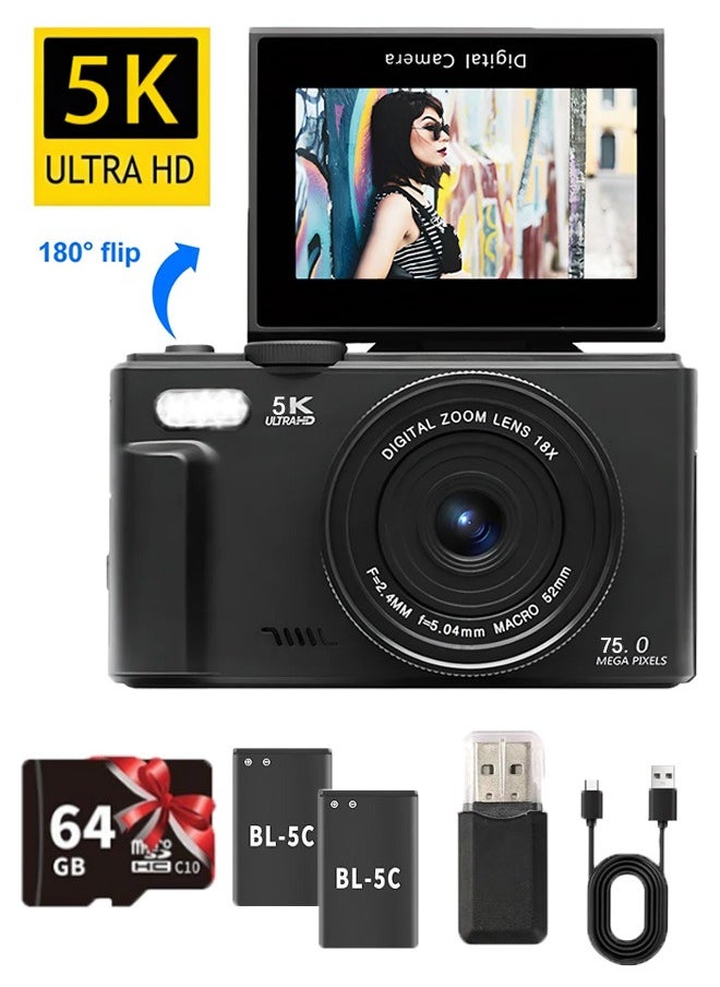 Generic Digital Camera, 5K Vlogging Camera, Kids Camera 75MP Point and Shoot Digital Cameras with 64GB TF Card, 18X Zoom, 2 Batteries For Kids Boys Girls (Black)  - Image 1