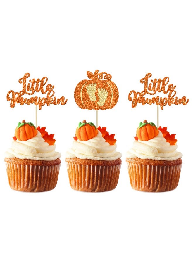 Ephlyn 24pc Little Pumpkin Cupcake Toppers - Glitter Pumpkin Cupcake Picks - Baby Shower Decorations - Fall Harvest Theme - Kids Birthday Party Supplies - Image 1